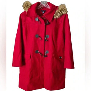 TOMMY HILFIGER | Red Wool Blend Faux Fur Trim Hooded Duffle Toggle Coat, Size XL